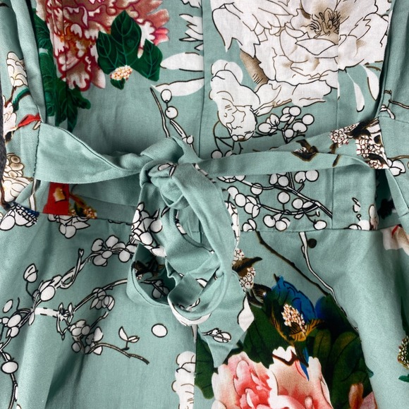 Dress Womens Medium Mint Floral Peony Fit & Flare Retro 50s Cotton Stretch OWIN - Picture 9 of 11